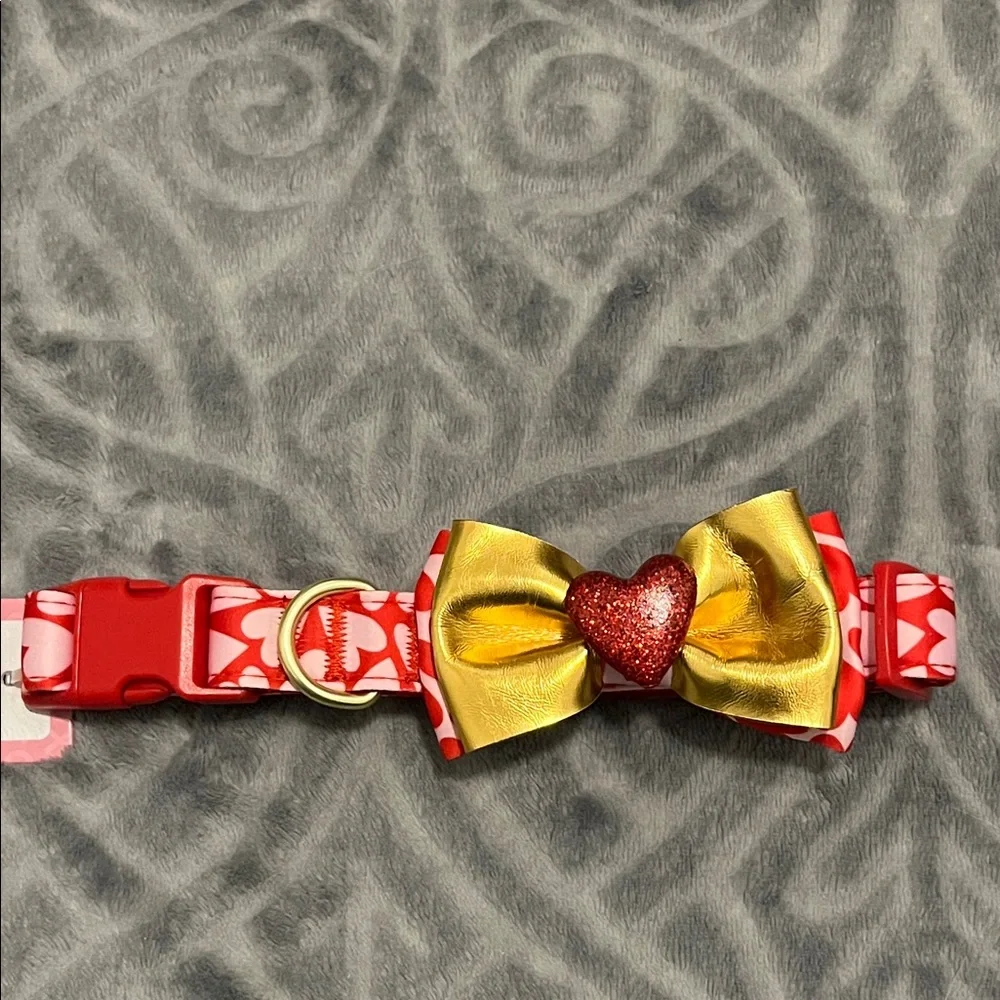 Dog Collar Red with Pink Hearts and Gold Embellished Bow by Top Paw NWT